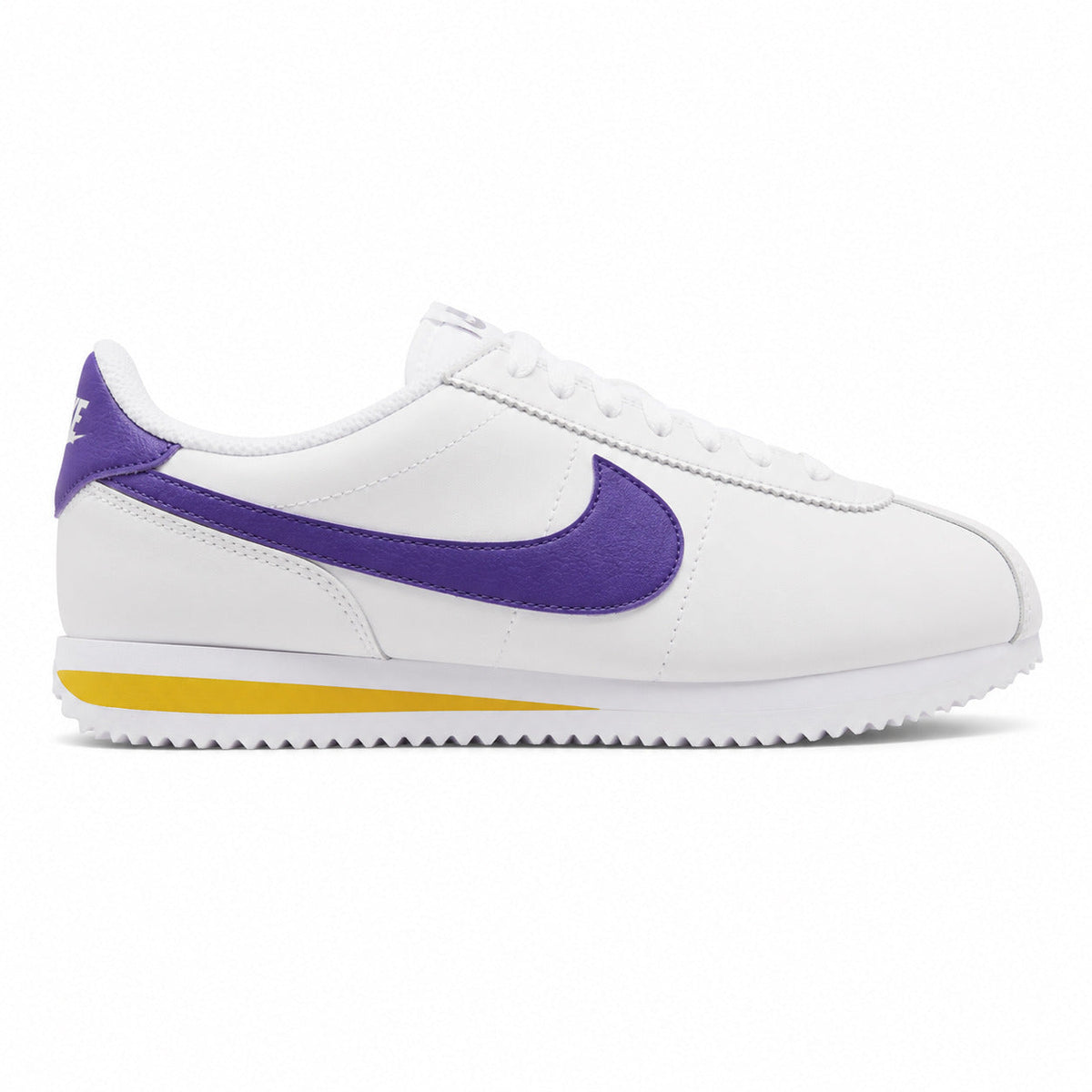 Nike Cortez blanco morado amarillo lateral derecha
