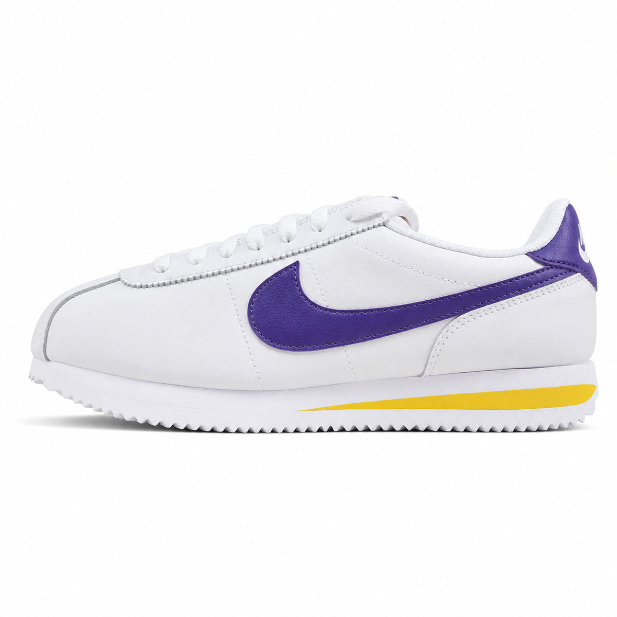 Nike Cortez blanco morado amarillo lateral izquierda