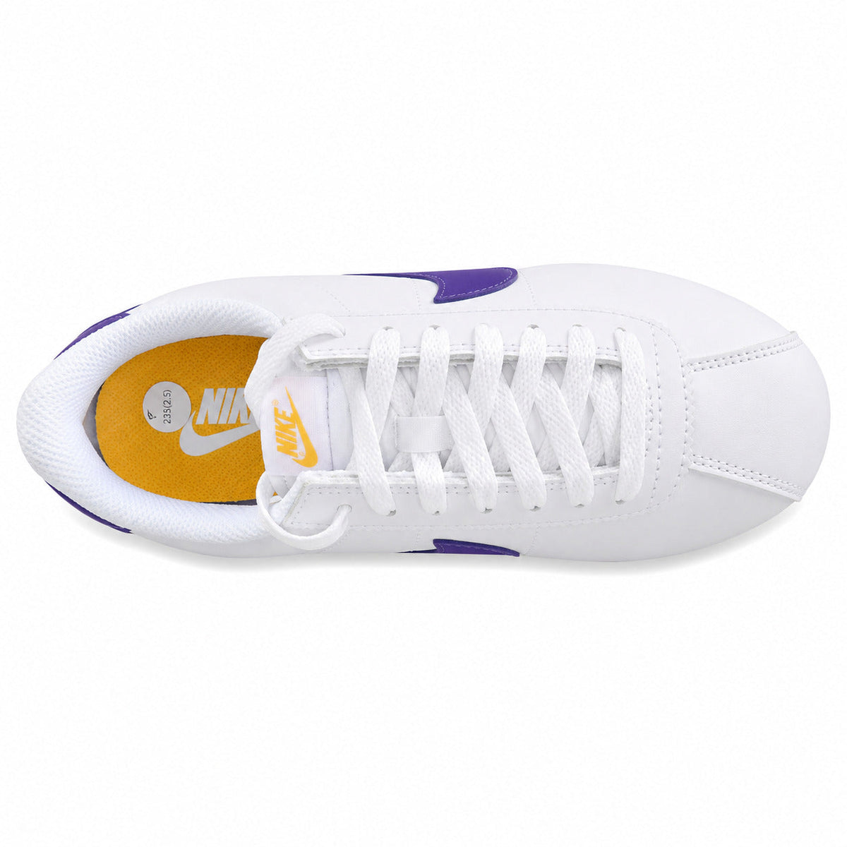 Nike Cortez blanco morado amarillo vista superior