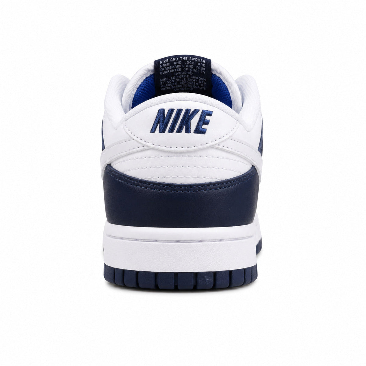 Nike Dunk Low blanco azul marino royal detalle talón

