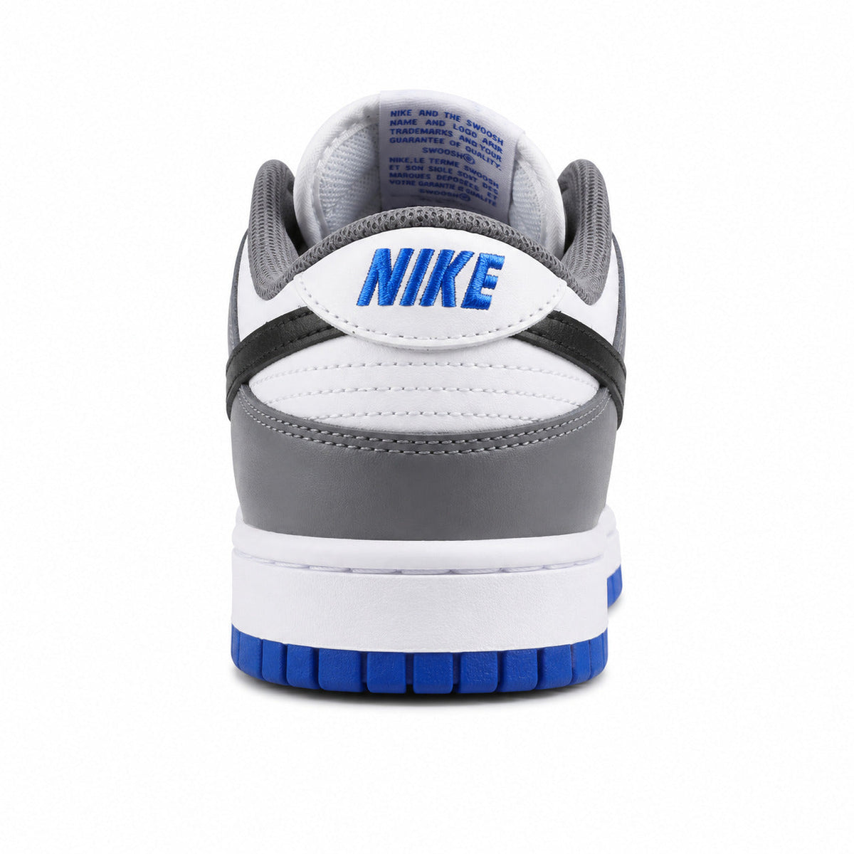 Nike Dunk Low blanco gris negro azul royal detalle talón