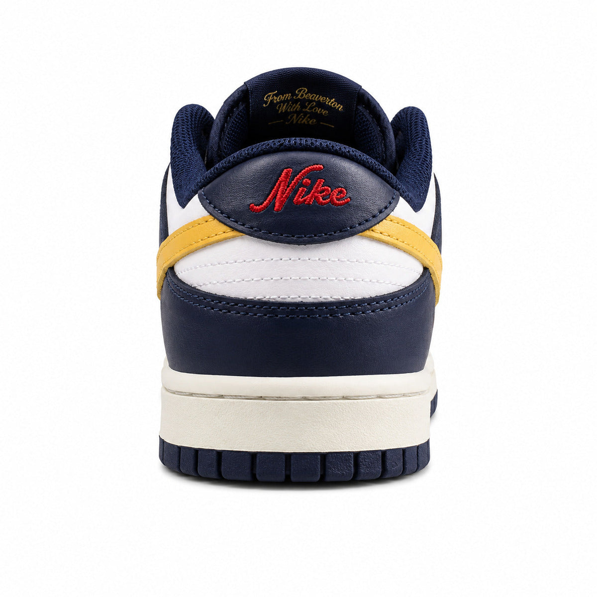 Nike Dunk Low From Beaverton marino blanco amarillo detalle talón