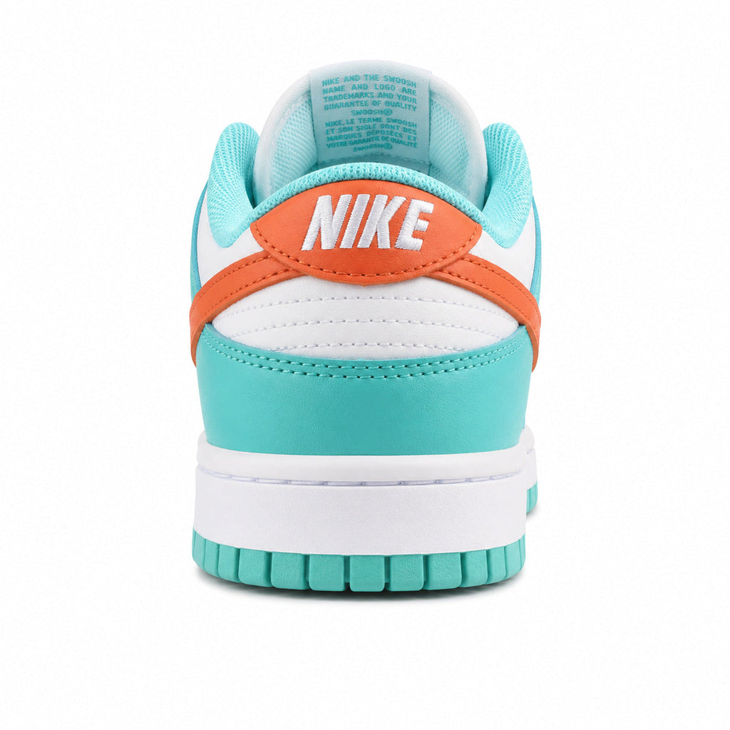 Nike Dunk Low Miami Dolphins blanco turquesa naranja detalle talón
